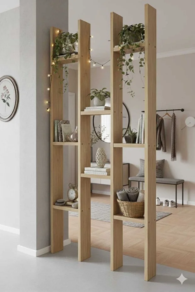 Masif Ahşap Raflı Oda Ayırıcı Seperatör Duvar Dekor Paravan 60x200 cm Boyasız Doğal Ahşap Rengi